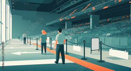 Arena entrance: Architectural perspective showcasing a modern arena, with people queuing in an organized manner.