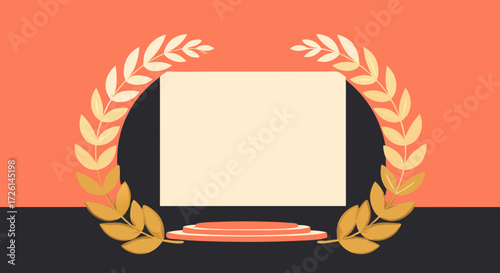 Podium of Honor: An illustration showcasing a laurel wreath, a central stage and a empty board, symbolizing achievement, recognition, and celebration.