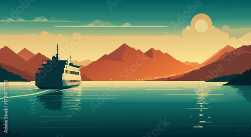 Serene Seaside Journey: A passenger vessel gracefully navigates through tranquil waters towards the horizon, against a backdrop of majestic mountains painted by the setting sun.