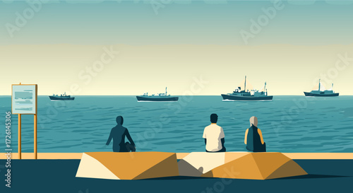 Seascape Serenity: Silhouette figures gaze peacefully at a serene ocean vista dotted with ships, basking in the tranquil ambiance of a harbor, offering a glimpse into contemplation.
