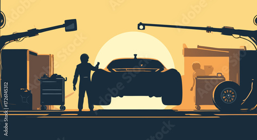 Automotive Silhouette in Workshop: A sleek car is positioned within an automotive repair workshop, its silhouette contrasted against a vibrant sunset, a mechanic surveys, suggesting care and service
