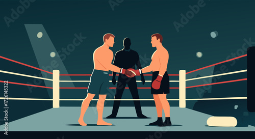 Boxers' Solidarity in the Ring: Two muscular boxers, clad in shorts and gloves, engage in a pre-fight handshake within the ring, watched over by a referee.