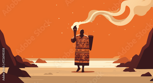 Guardian of the Flame: A majestic figure, silhouetted against a vibrant orange sky, strides forward, brandishing a torch aloft, its flame casting a smoky trail into the heavens.