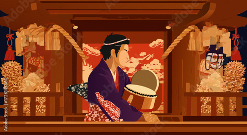 Cultural Festivities: An elegant illustration of a person in traditional attire, deeply immersed in a rhythmic performance within a temple during a cultural festival.
