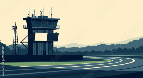 Airport Tower Silhouette: Captivating digital artwork showcases an airport tower, symbolizing air travel and infrastructure, as it stands prominently against a serene, minimalist background.