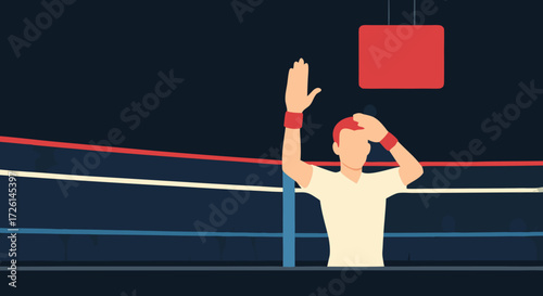 Boxing Ring Referee: An illustration captures the decisive moment of a boxing match, where a referee stands in the ring, signaling a pause or decision, action and control.
