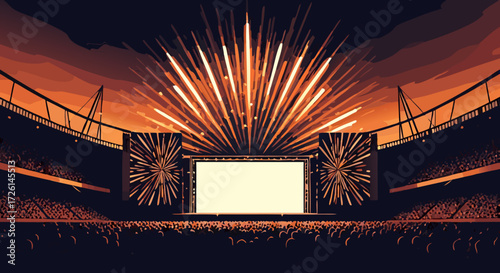 Stadium stage ablaze: A captivating stadium concert stage with dazzling fireworks display over a cheering crowd, where music ignites spirits.