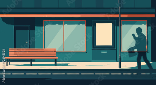 Street Silhouette: The silhouette of a person walks along a street, next to a bench and a commercial building, creating a scene of urban life and anonymity.