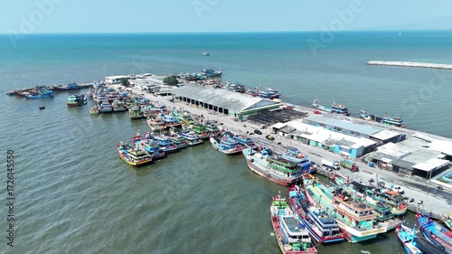 Aerial View of Fishing Port, Peaceful Marine Transport on Pier