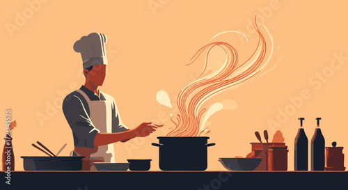 Culinary Creation: A skilled culinary artist, wearing a chef's hat and apron, orchestrates a symphony of flavors in the kitchen. Evoking a sense of warmth, creativity, and the art of fine dining
