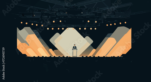 Speaker at Event Stage: A speaker delivers a speech from a podium on a modern stage bathed in warm light, highlighting the intersection of communication and public speaking in a stylized.