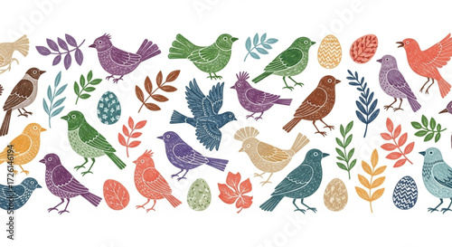 Bird and Leaf Pattern Illustration A Delightful Collection of Colorful Avians and Botanical Elements