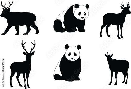 Vector collection of deer and panda illustrations in black and white silhouette style, perfect for wildlife design, nature art, and projects