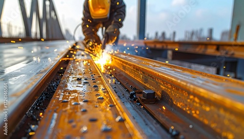 A construction worker in protective gear uses a grinder to cut through metal beams, creating a shower of bright sparks against a backdrop of industrial structures.