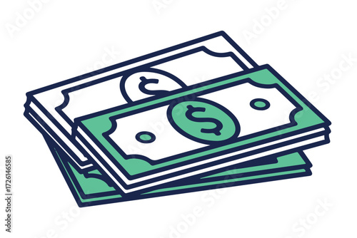 Stack of us dollar bills with green accents, isolated on Transparent Background