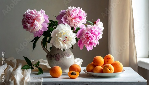 Still life with peonies and apricots