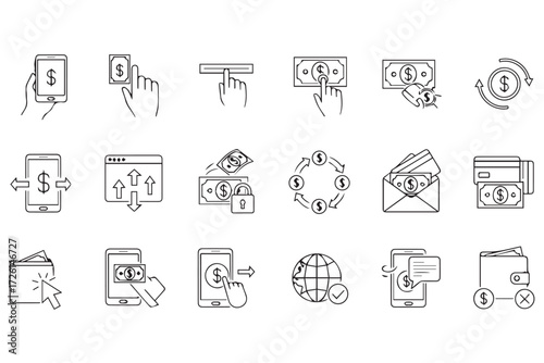 Collection of handdrawn icons representing financial transactions and digital payments, isolated on Transparent Background