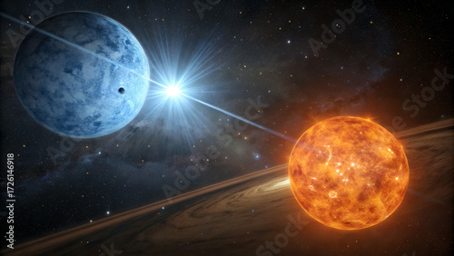 Binary star system with a blue star and an orange star in deep space