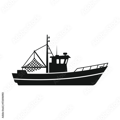 Fishing boat sailing on the open sea, casting nets for the day's catch, creating a sense of maritime adventure and industry.