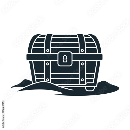 Treasure chest sits buried in the sand, promising untold riches and adventure, evoking a sense of mystery and excitement.