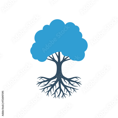 Stylized tree with blue foliage and visible roots symbolizes growth and connection to nature on a clean white backdrop, representing resilience and stability.