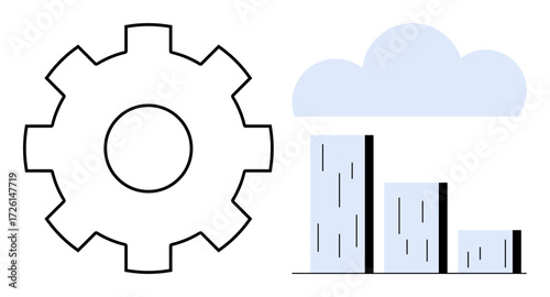 Gear beside a bar graph under a cloud, representing technology, analytics, growth, integration. Ideal for metrics, cloud computing, progress, optimization engineering strategy simple flat metaphor
