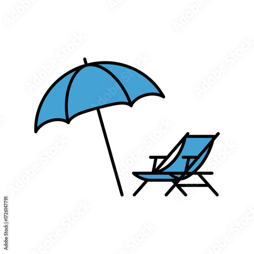 Blue beach umbrella and chair sit peacefully on white sand, inviting relaxation and escape to a tropical paradise under the warm sun, creating a serene and calming scene.