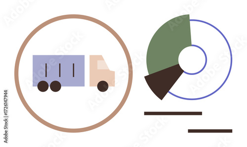 Delivery truck inside a circle, segmented pie chart with lines suggests logistics, business stats, transportation trends. Ideal for shipping, data visualization, analytics, trade, supply chain