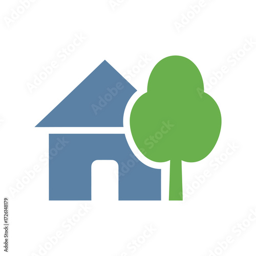 Stylized house stands next to a tree in a simple, clean presentation representing home ownership and environmental consciousness.