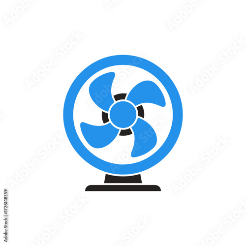 Blue electric fan cooling a room on a hot summer day, providing relief and comfort from the heat. with vibrant colors and excellent composition.