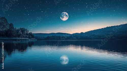 Full moon reflected clearly in still lake under star-filled night sky, surrounded by dark mountains and shoreline, stars scattered above horizon line with fading twilight glow. Generative by AI