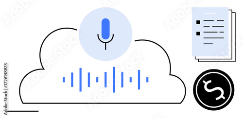 Microphone above cloud with audio wave, documents, and dollar sign representing voice tech, data storage, transcription, finance, AI, data analysis and tech innovation. Simple flat metaphor