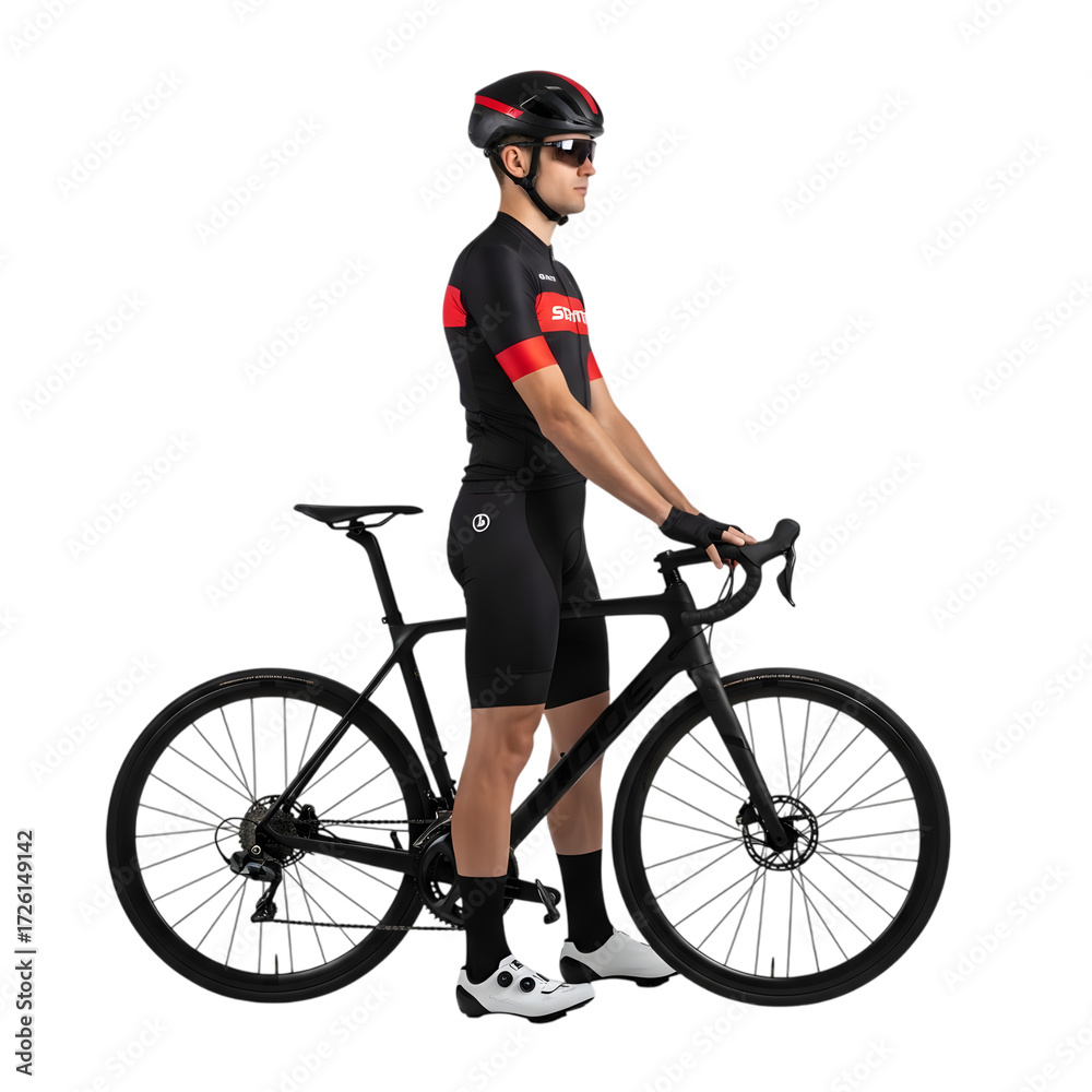 Obraz premium A male cyclist wearing a black and red cycling suit and helmet, standing next to his road bike, isolated on transparent background