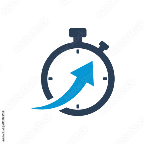 Stopwatch with upward arrow symbolizes time management and productivity in business, indicating progress and efficiency in achieving goals.