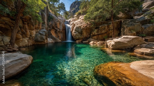 Serene Waterfall Amidst Rocky Landscape with Crystal Clear Pool and Lush Vegetation