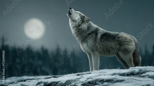 Majestic Wolf Howling Under a Full Moon in a Snowy Landscape at Night