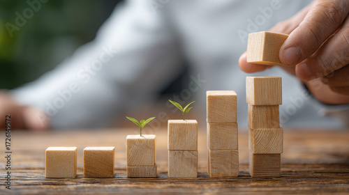 Unlocking Business Growth: Innovative Strategies for Success through Development and Sustainability with Wooden Blocks Representing Progress and Investment