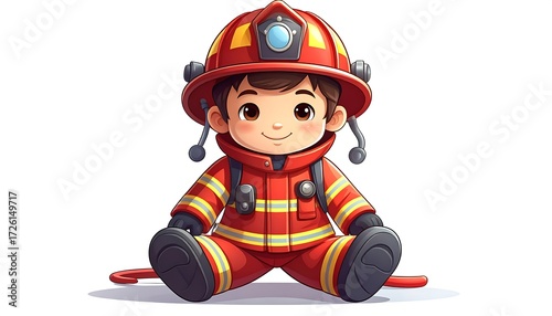 Cartoon boy in red firefighter uniform sitting cross-legged on a white background