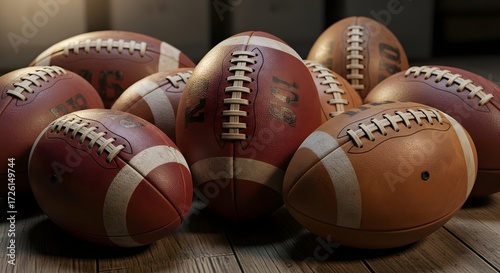 Wallpaper Mural A Collection of American Footballs in an Indoor Setting for Sports Enthusiasts Torontodigital.ca