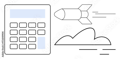 Rocket soaring above a cloud with rapid motion lines next to a calculator. Ideal for business, strategy, innovation, calculation, technology, planning, analysis. Simple flat metaphor