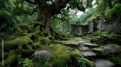 Majestic Ancient Tree Surrounded by Ruins in Lush Green Forest Landscape