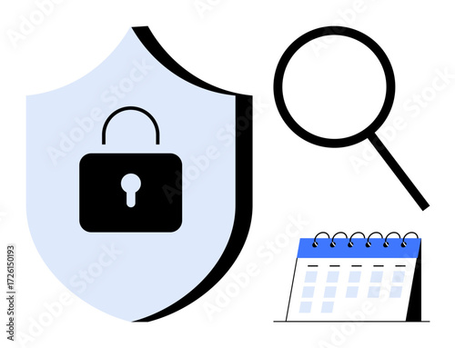 Shield with lock signifies security, magnifying glass represents searching, and calendar denotes scheduling. Ideal for cybersecurity, privacy, planning, research, analytics, organization simple flat