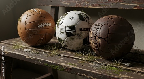 Wallpaper Mural Sporting Action, Vintage Footballs, Abandoned Bench, Still Life, Indoor Environment, Close-Up View, Nostalgia and Heritage Torontodigital.ca