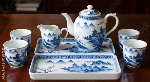 Wallpaper Mural Elegant Tea Service Displaying Blue and White Porcelain Teapot, Cups, and Trays on Wooden Table, Traditional Culture, Still Life Perspective Torontodigital.ca