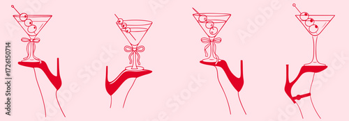 Set of vintage martini cocktail glasses with olives balanced on female legs in high heels, retro sexy glamour nightlife illustration collection