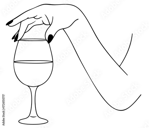 female hand touching rim of wine glass, elegant gesture for tasting, restaurant menu and bar culture 
