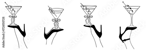Stylized collection of martini glasses with olives balanced on elegant female high heel silhouette, minimal bar art and cocktail culture illustration
