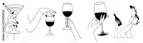 Collection of female legs and hands with martini, wine glasses and bottle — pin-up party symbol, flirt gesture, elegance, enjoyment and freedom of nightlife