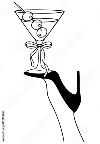 Retro sexy glamour cocktail with female leg in high heel and martini glass with olives, vintage burlesque party art