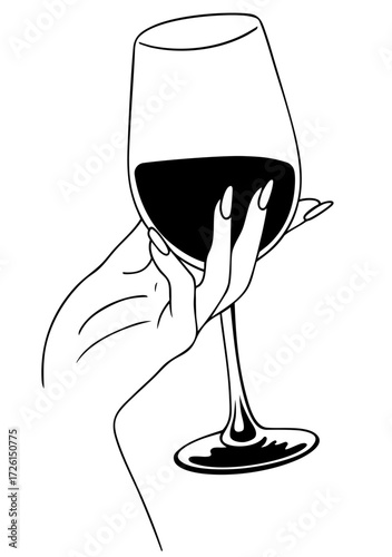 Elegant female hand with long nails holding wine glass, stylish retro bar and glamour party art illustration